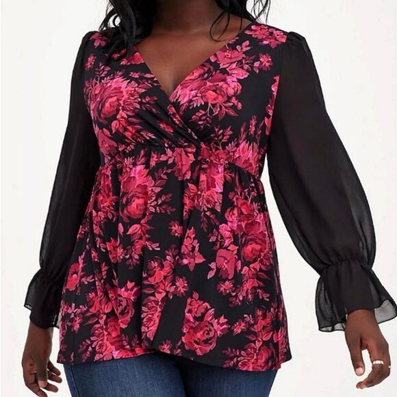 Torrid Black and Pink Floral Surplice Sheer Sleeve Polyester Top Sz XXL - Picture 1 of 13